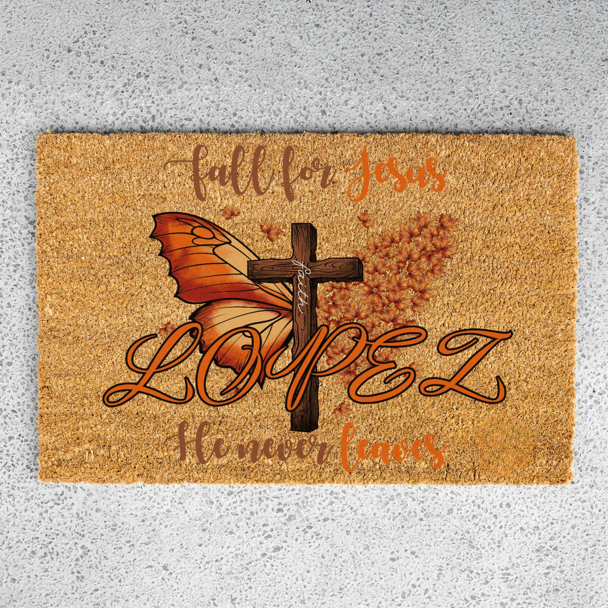 Fall For Jesus Butterfly Cross Leaves Name Doormat