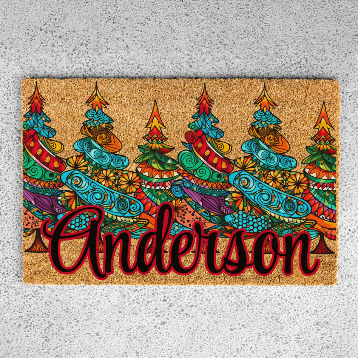 Colorful Pattern Christmas Trees Name Doormat