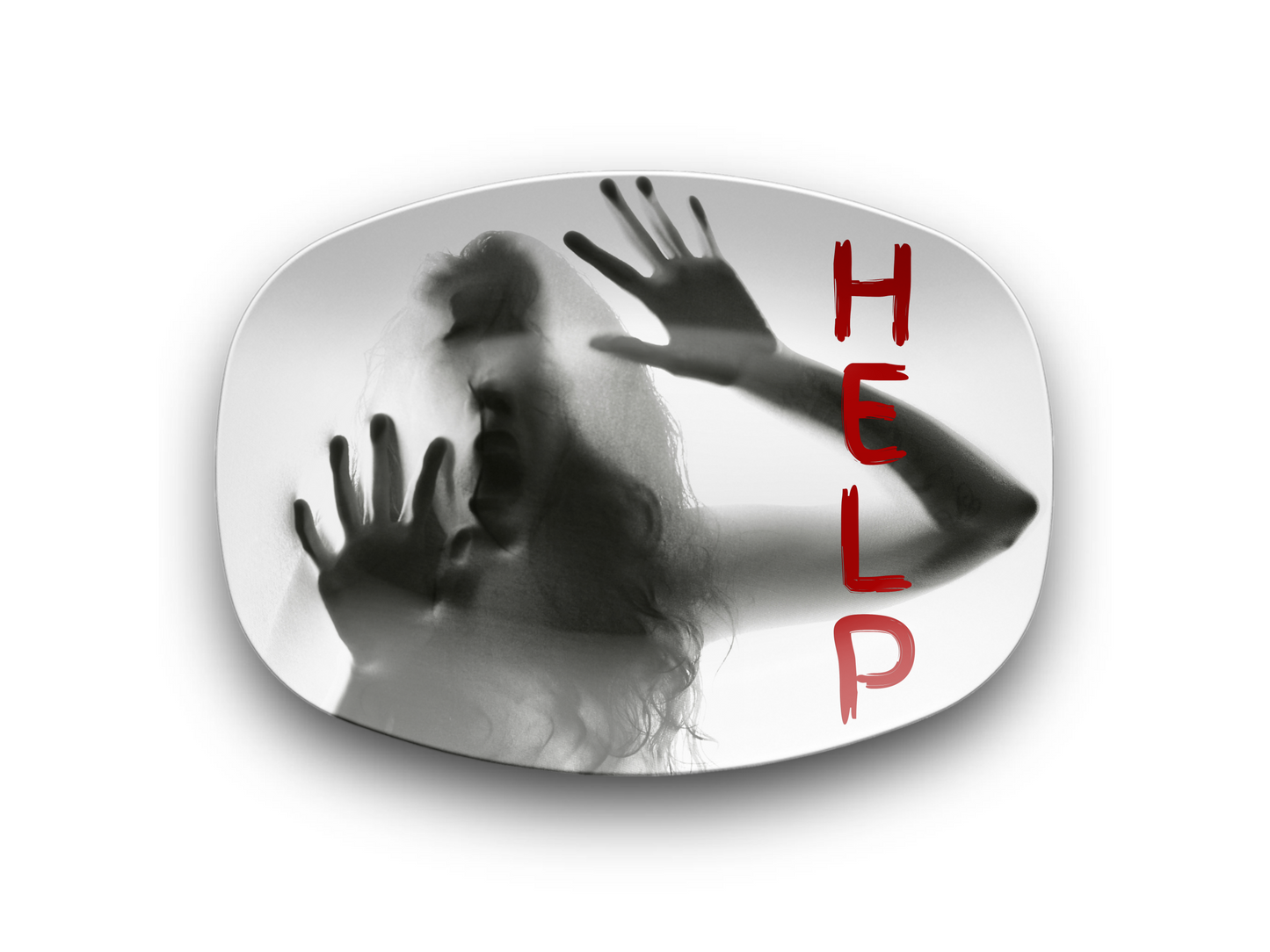 A white oval platter featuring a black and white photo of a distressed woman with her hands pressed against a window, with the word 'HELP' written vertically in red on the right side.