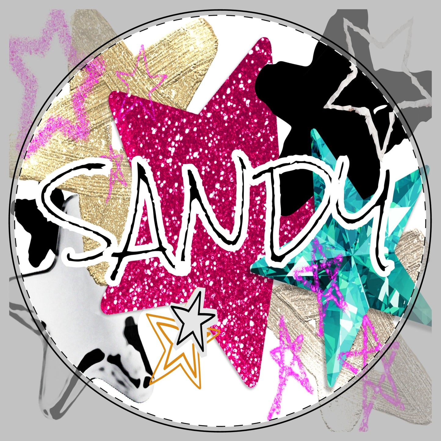 A circular graphic design featuring the word 'SANDY' in white outlined lettering over a glittery pink star, surrounded by layered star shapes in gold, black, teal, gray, and white on a white background. This design goes on a cutting board here.