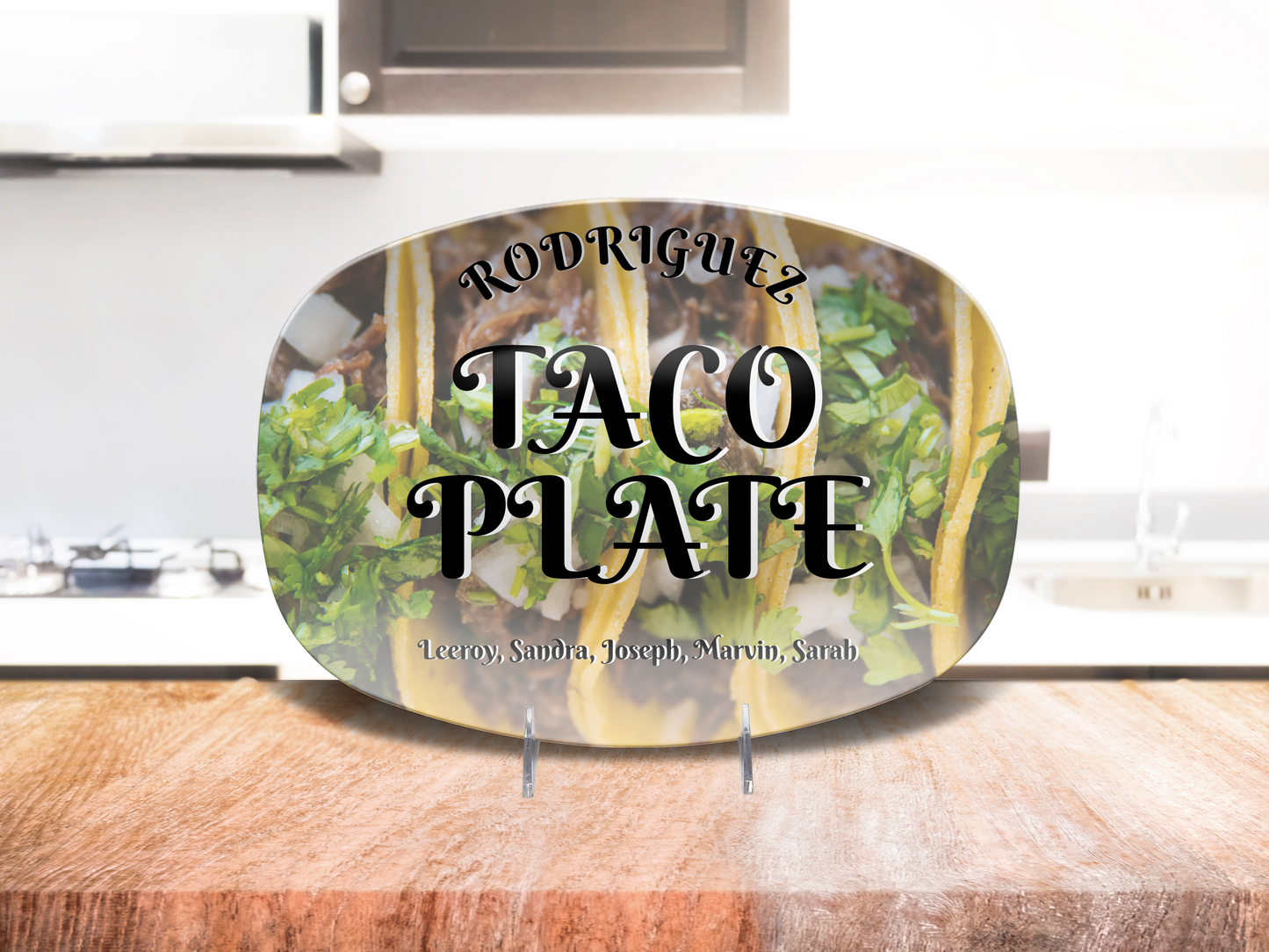 Personalized taco plate with family names on a kitchen counter