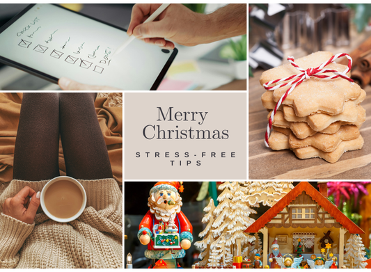 Merry Christmas Stress Free Tips photo collage  with 4 photos of someone holding a coffe mug, a tablet with a list checked off some cookies from market with ribbon and Christmas decor from thrift