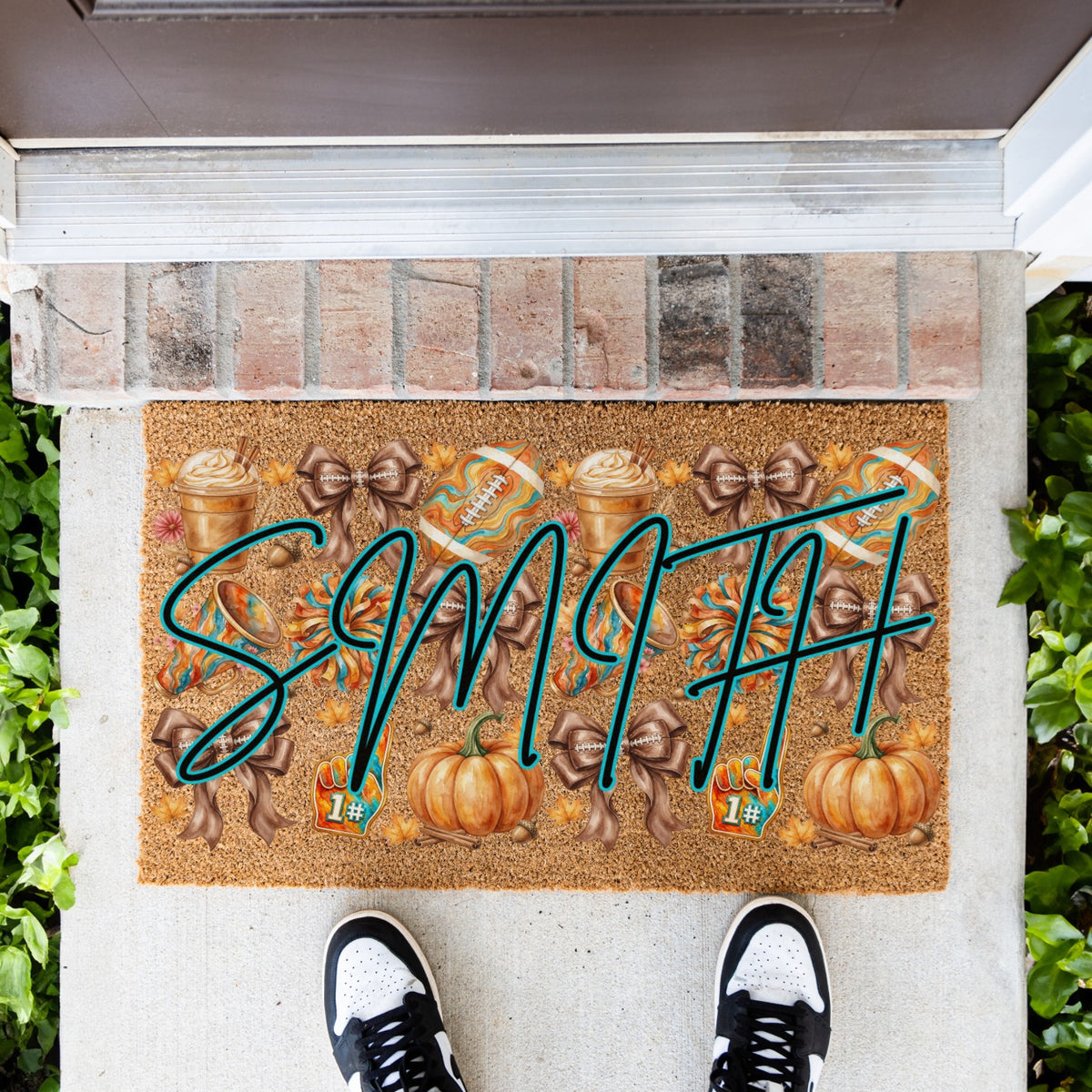 Fall Football Bows Name UV Printed Doormat