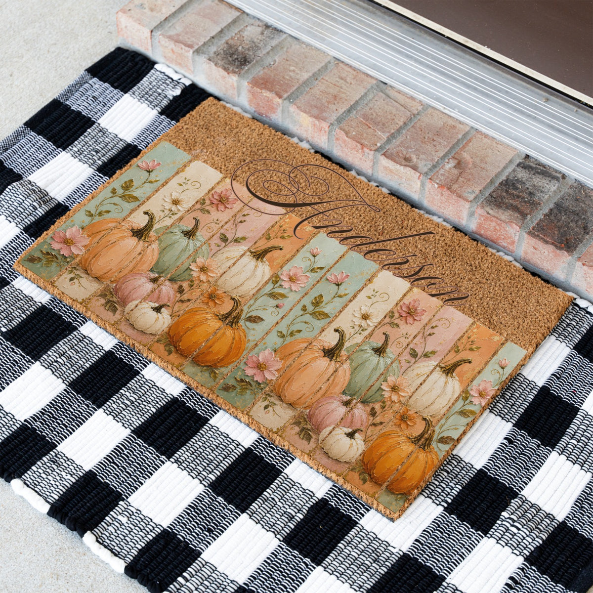 Pastel Pumpkin Panels Name UV Printed Doormat