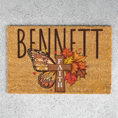 Fall For Jesus Faith Cross Name Doormat