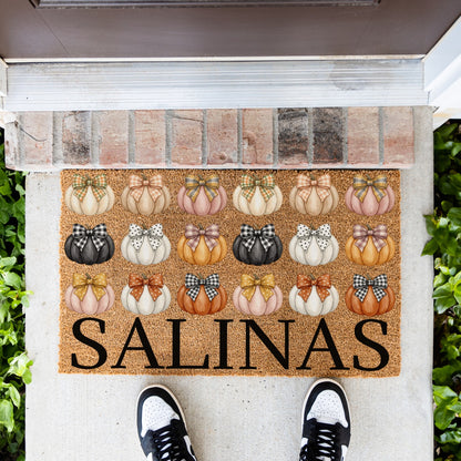Black & Pastel Pumpkins Name UV Printed Doormat