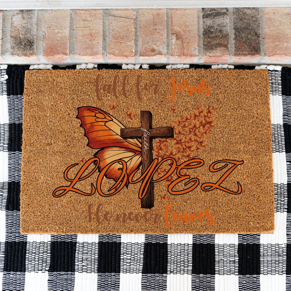 Fall For Jesus Butterfly Cross Leaves Name Doormat