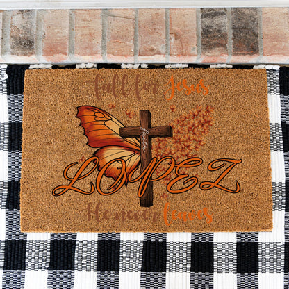 Fall For Jesus Butterfly Cross Leaves Name Doormat