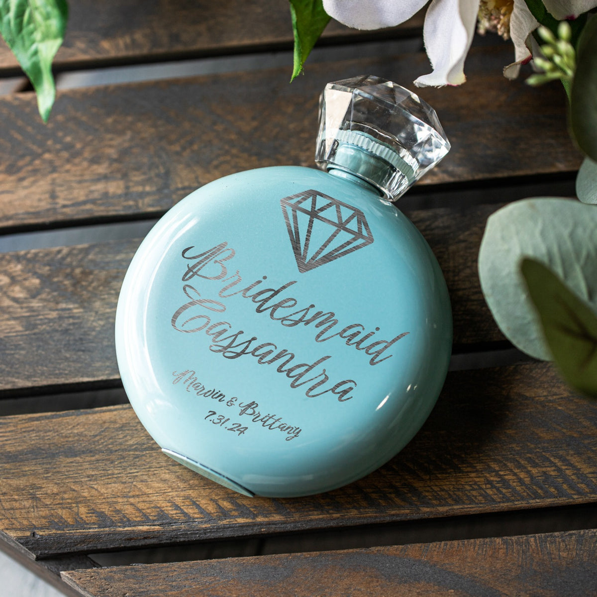 Bridal Party Round Glam Flask - Laser Etched