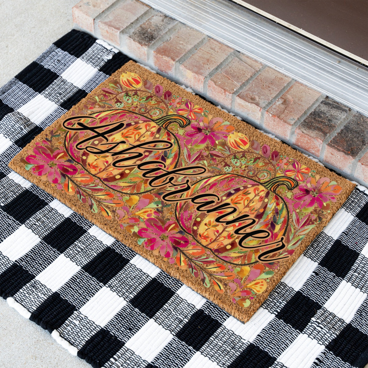 Pink/Orange Floral Pumpkins Name Doormat