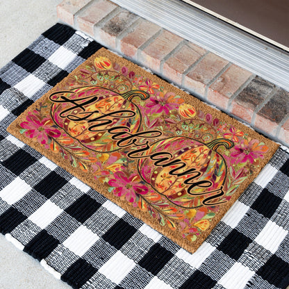 Pink/Orange Floral Pumpkins Name Doormat