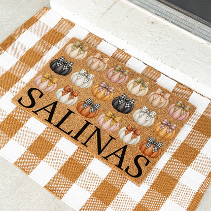 Black & Pastel Pumpkins Name UV Printed Doormat