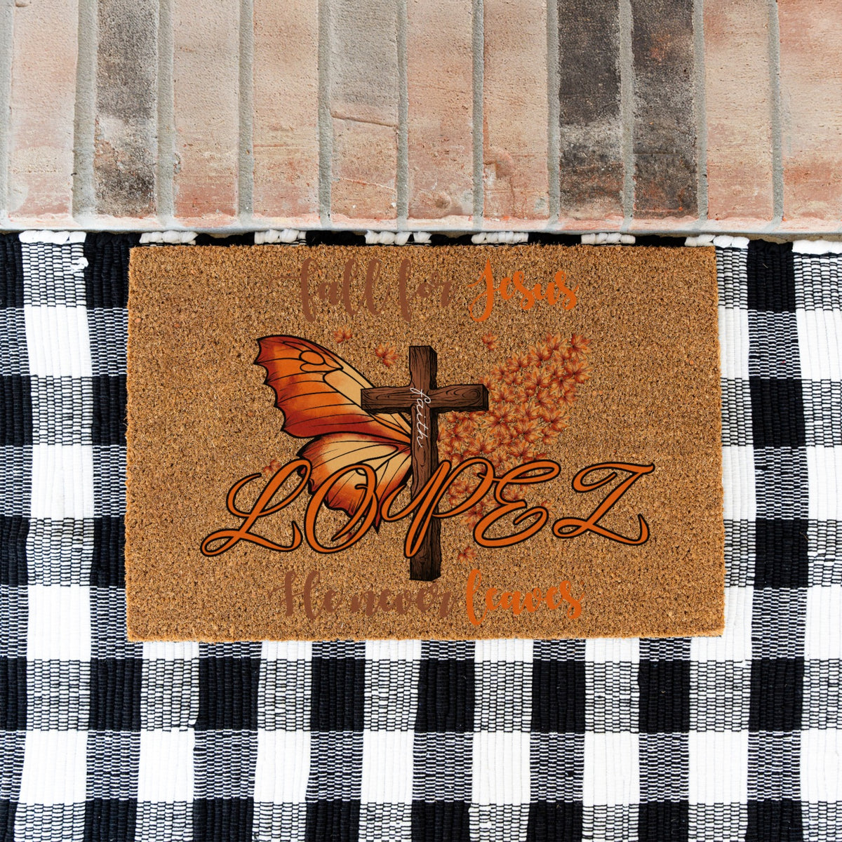 Fall For Jesus Butterfly Cross Leaves Name Doormat