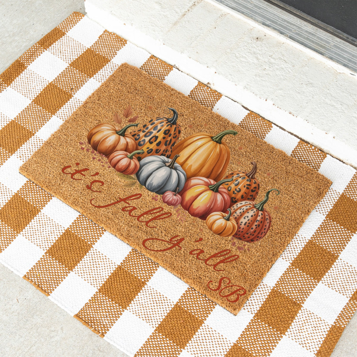 It's fall y'all Leopard Pumpkins Initials UV Printed Doormat