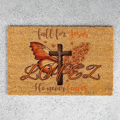 Fall For Jesus Butterfly Cross Leaves Name Doormat
