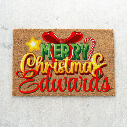 Merry Christmas Bow Star Cane Name Doormat