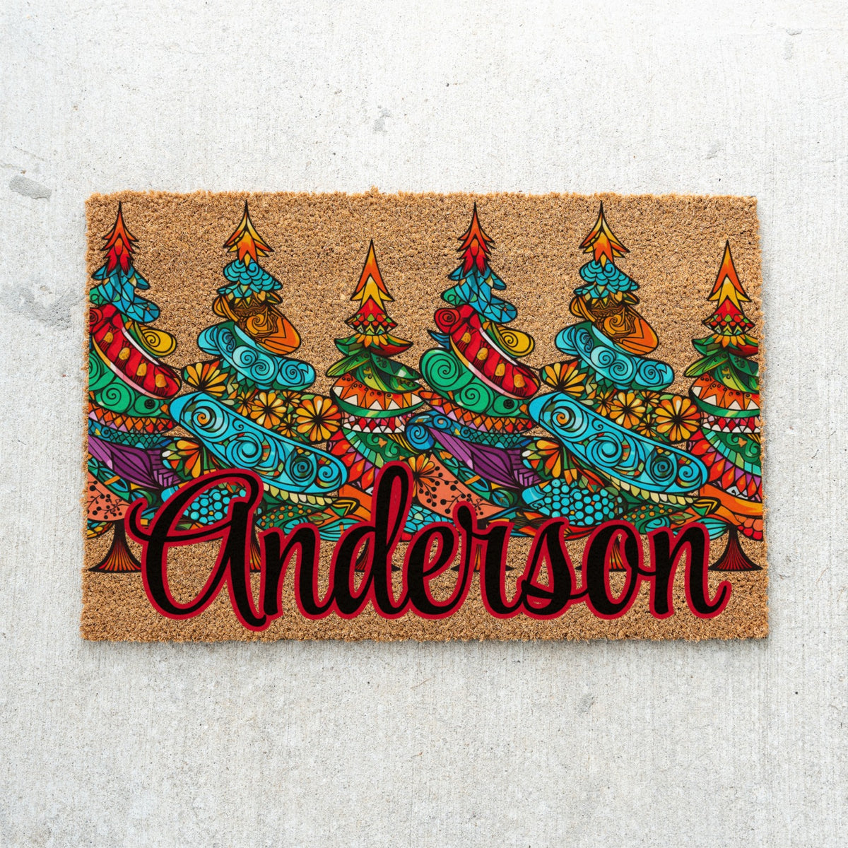 Colorful Pattern Christmas Trees Name Doormat