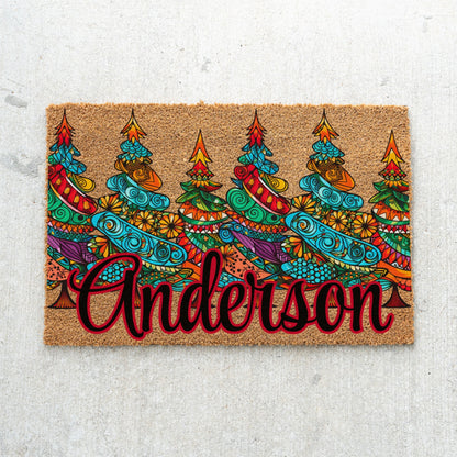 Colorful Pattern Christmas Trees Name Doormat