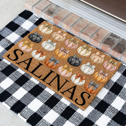 Black & Pastel Pumpkins Name UV Printed Doormat