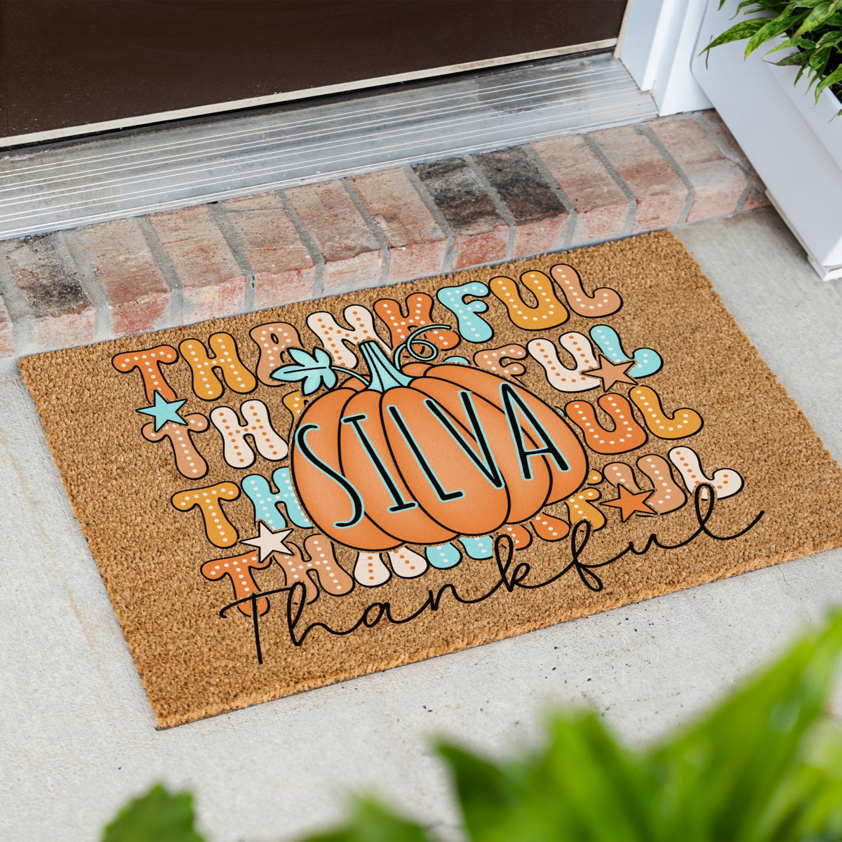 Colorful Thankfuls Name UV Printed Doormat