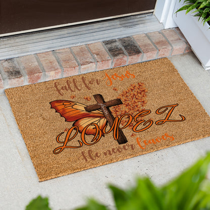 Fall For Jesus Butterfly Cross Leaves Name Doormat