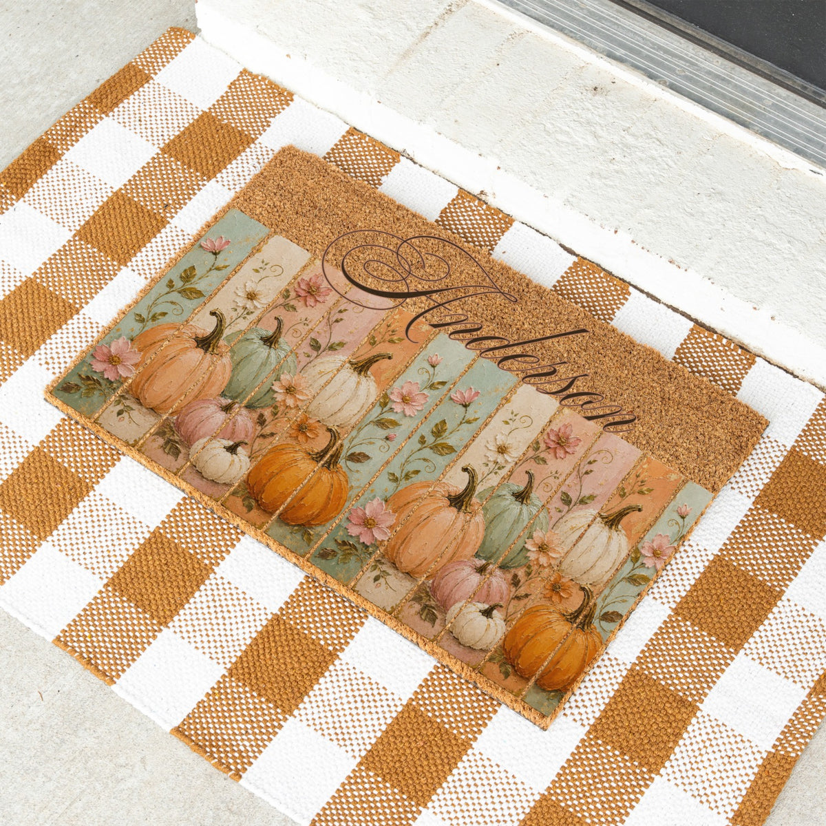 Pastel Pumpkin Panels Name UV Printed Doormat