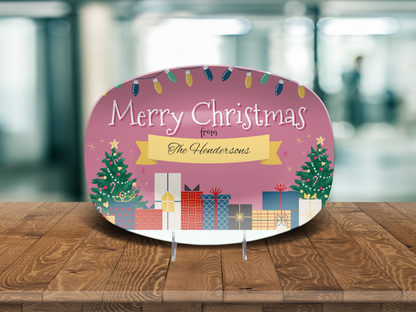 Pink Gifts on Snow Merry Christmas Name Platter