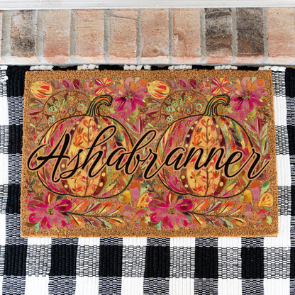 Pink/Orange Floral Pumpkins Name Doormat