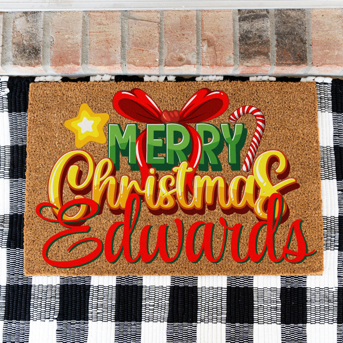 Merry Christmas Bow Star Cane Name Doormat