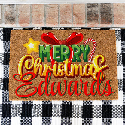 Merry Christmas Bow Star Cane Name Doormat