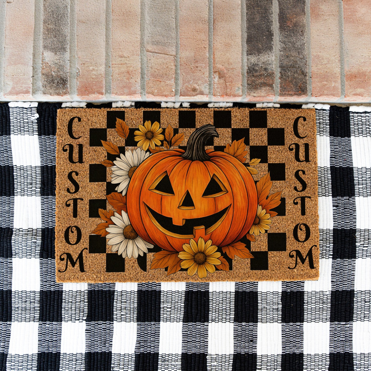 Checkered Pumpkin Flowers Names Doormat