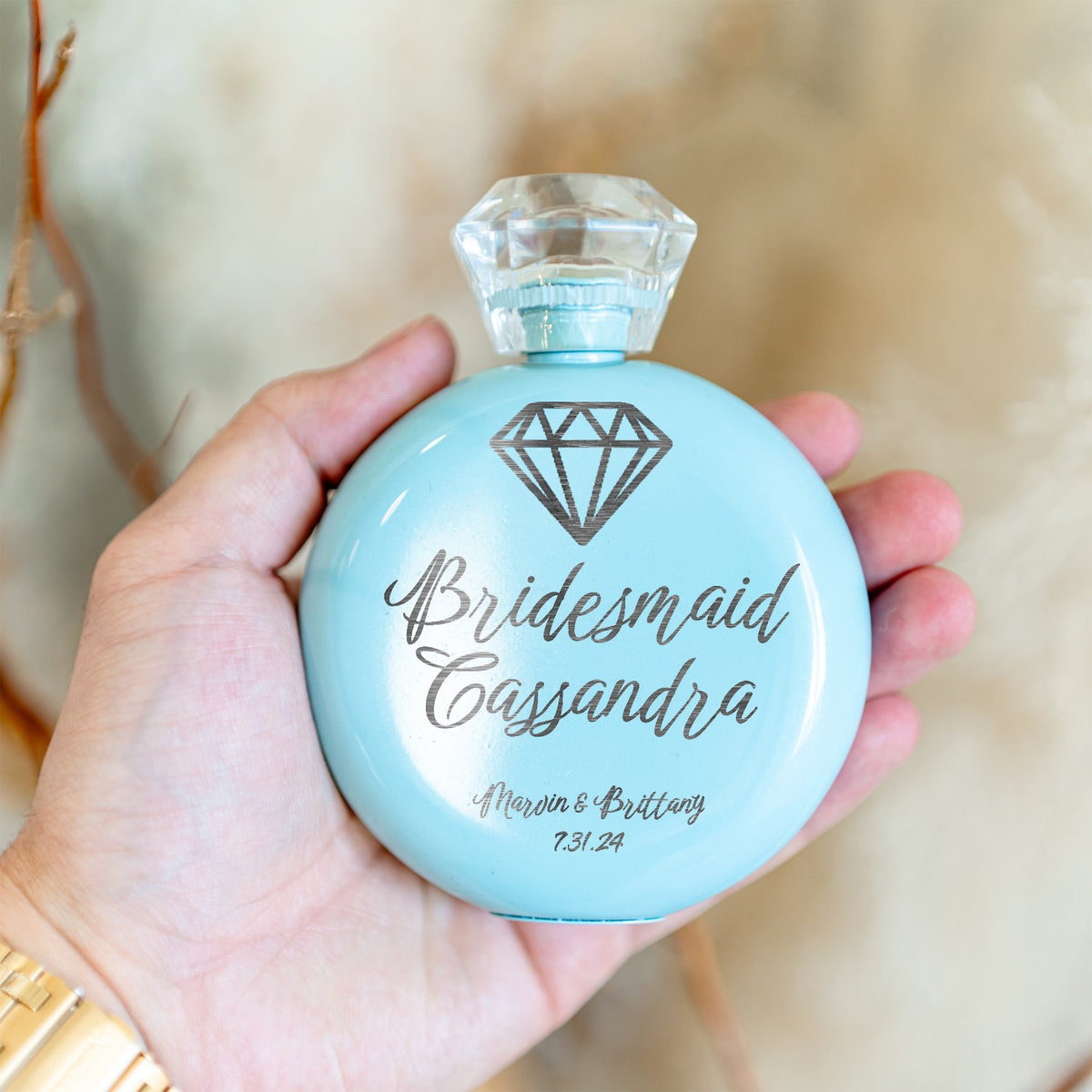 Bridal Party Round Glam Flask - Laser Etched