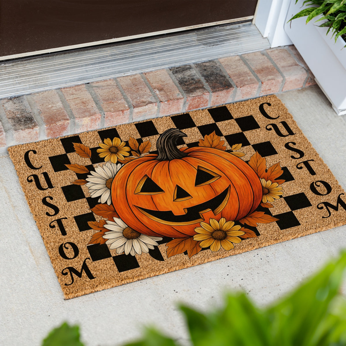 Checkered Pumpkin Flowers Names Doormat
