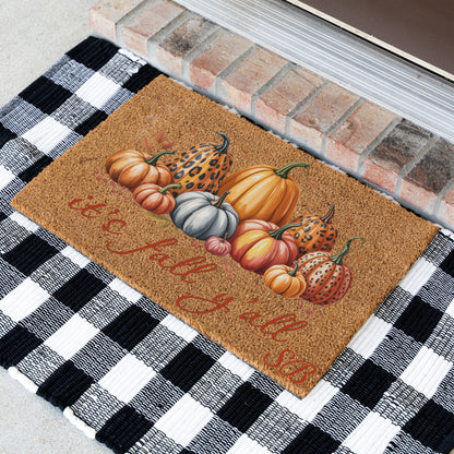 It's fall y'all Leopard Pumpkins Initials UV Printed Doormat