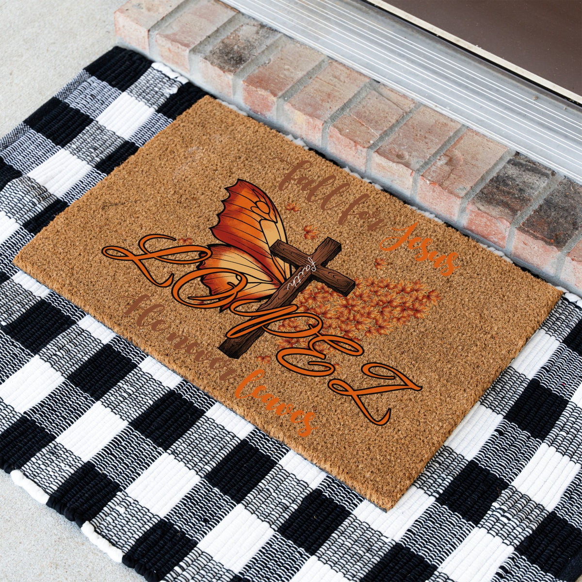 Fall For Jesus Butterfly Cross Leaves Name Doormat