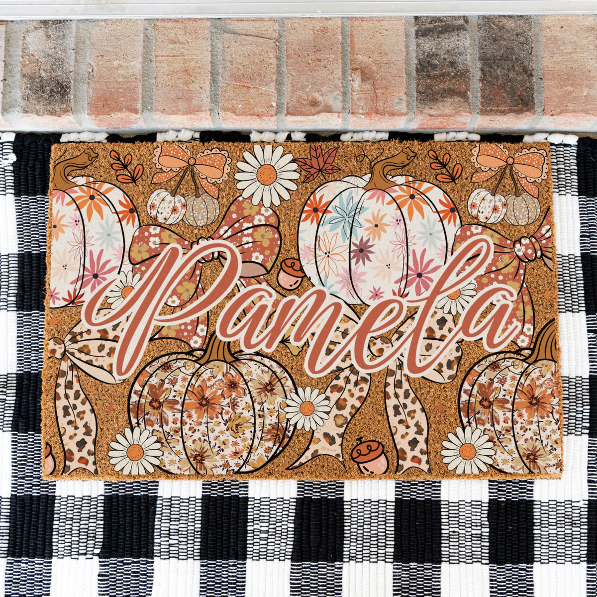 Pastel Pumkins Bows & Daisies Name Doormat