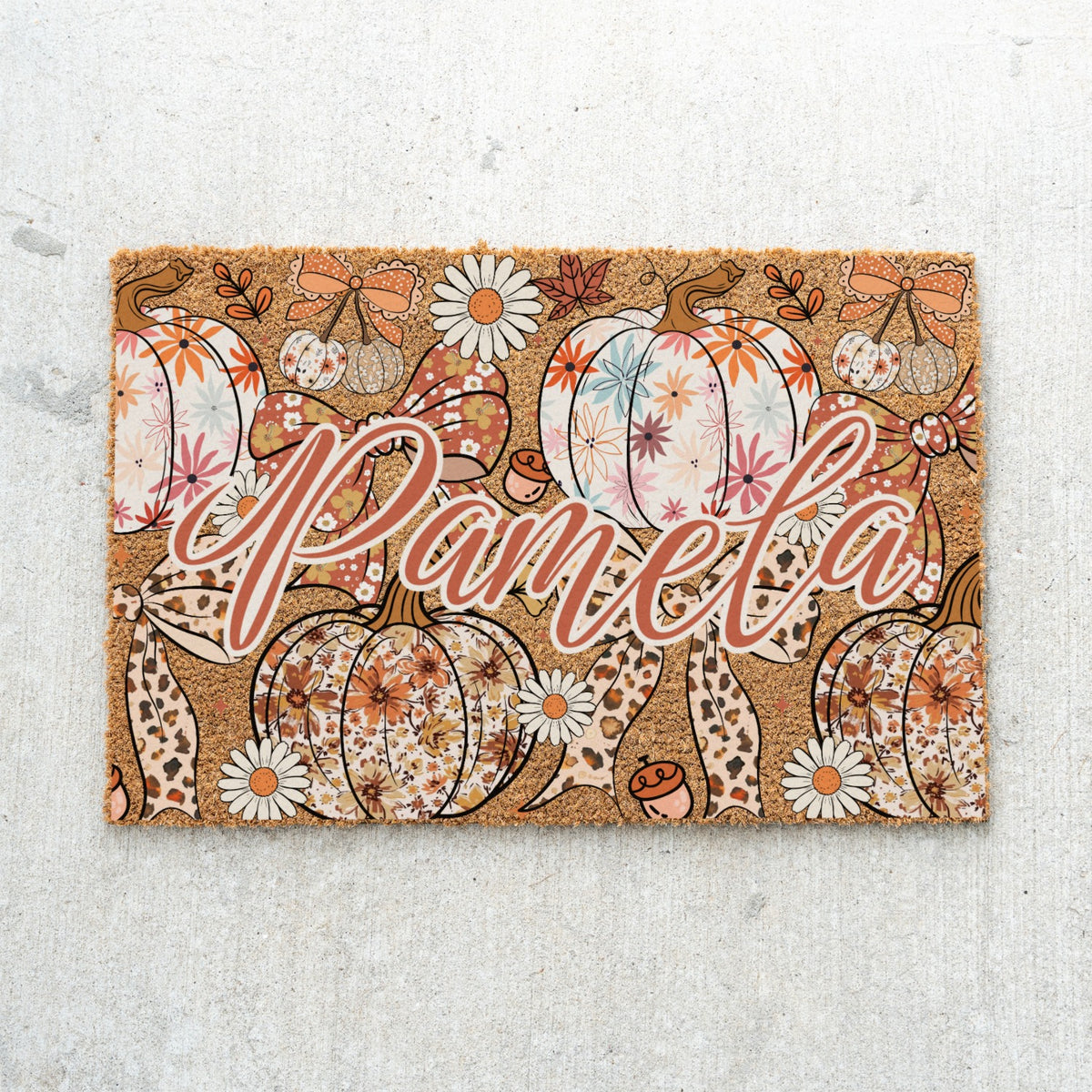 Pastel Pumkins Bows & Daisies Name Doormat