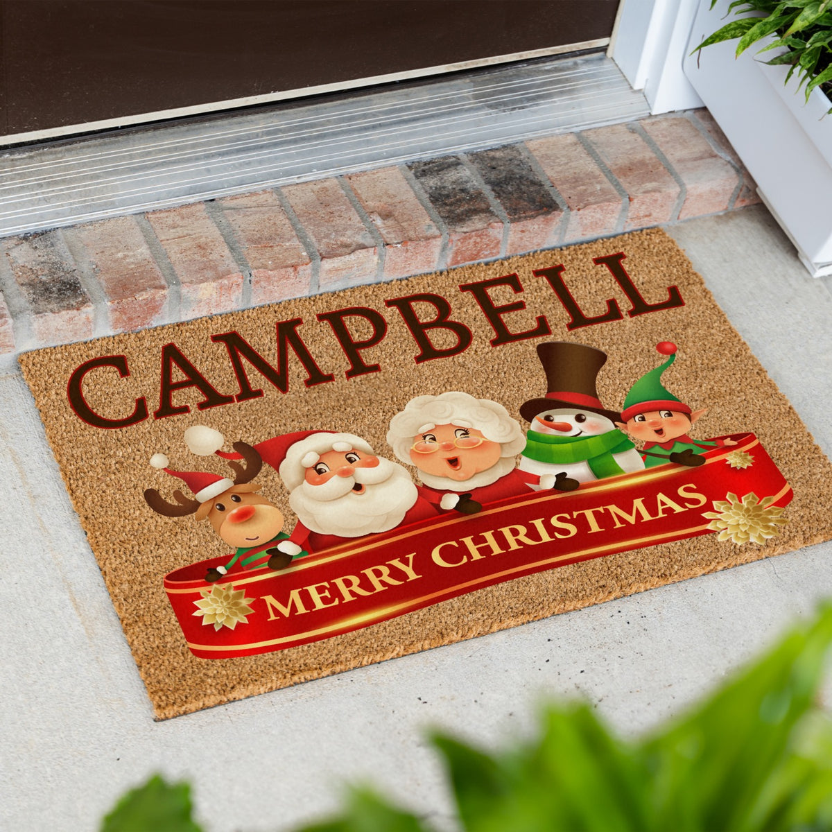 Merry Christmas Ribbon Name Doormat