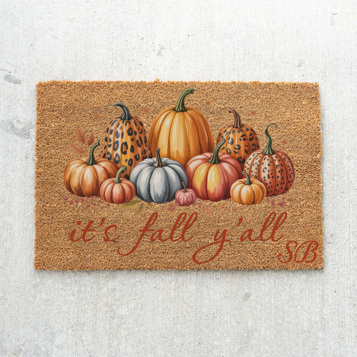 It's fall y'all Leopard Pumpkins Initials UV Printed Doormat