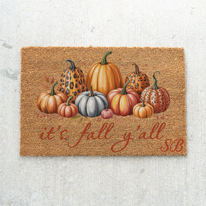 It's fall y'all Leopard Pumpkins Initials UV Printed Doormat
