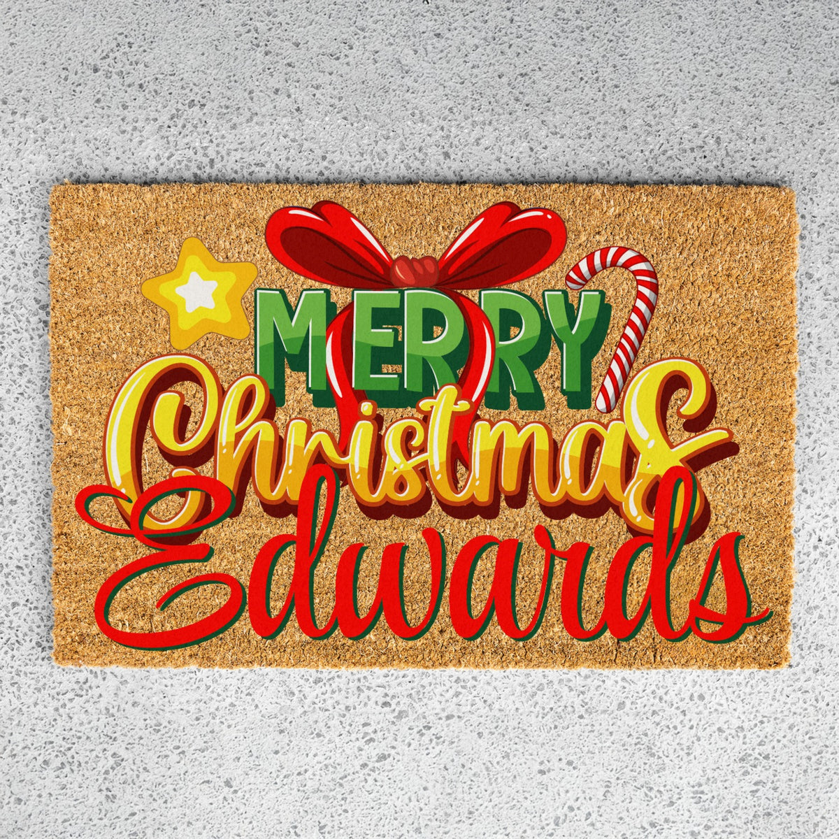 Merry Christmas Bow Star Cane Name Doormat