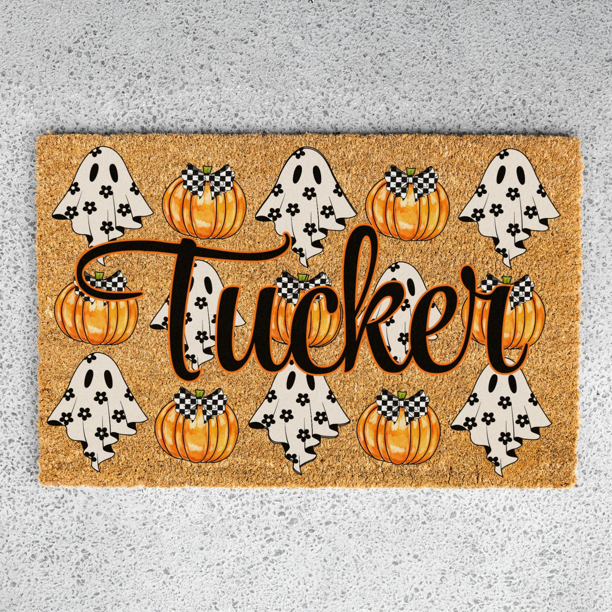 Ghosts & Bow Pumpkins Name Doormat