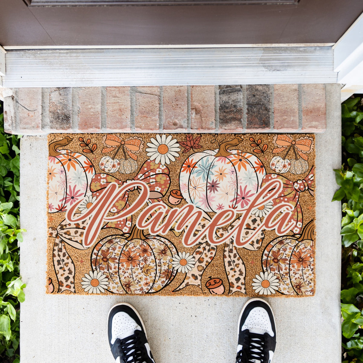 Pastel Pumkins Bows & Daisies Name Doormat