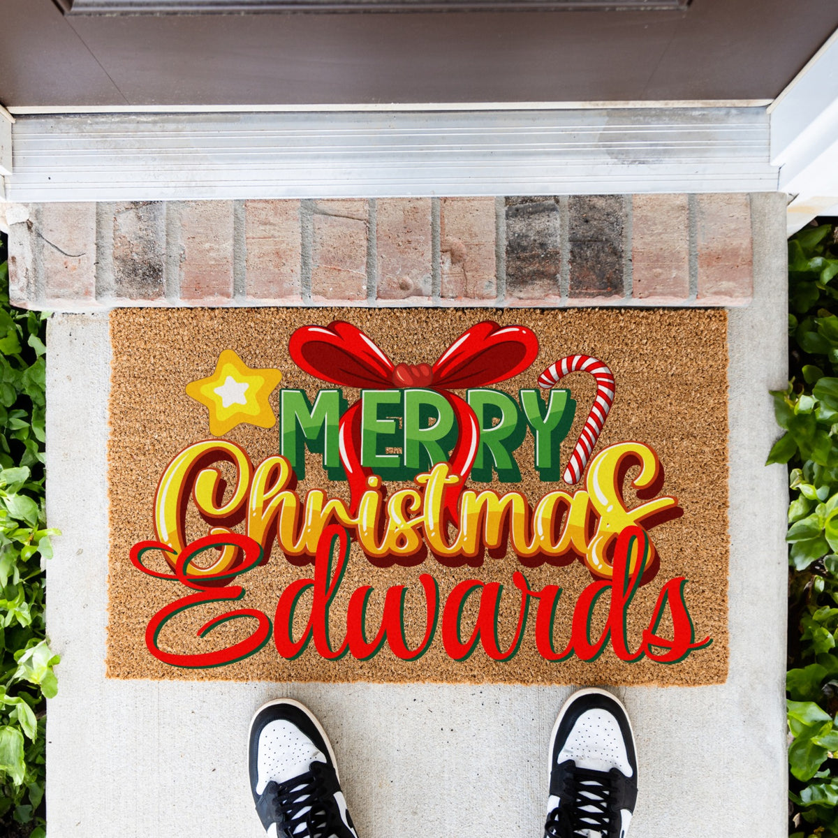 Merry Christmas Bow Star Cane Name Doormat