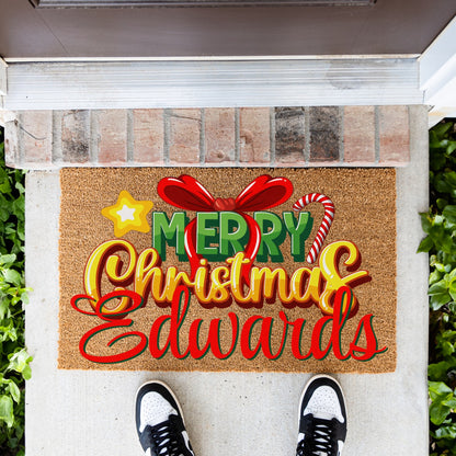 Merry Christmas Bow Star Cane Name Doormat
