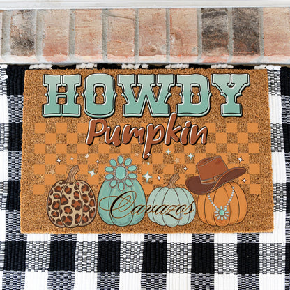 Checkered Howdy Pumpkin Name Doormat