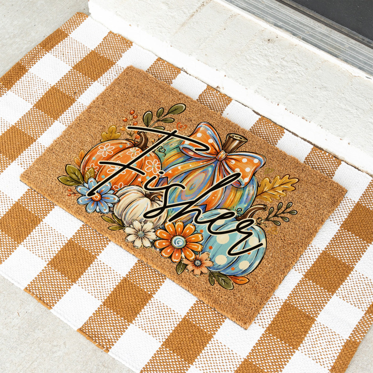 Colorful Pumpkins Name UV Printed Doormat
