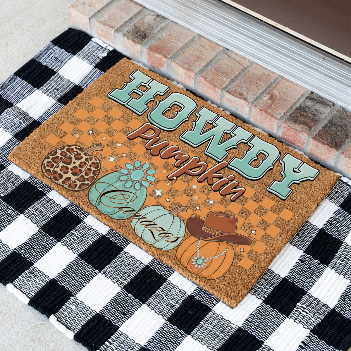 Checkered Howdy Pumpkin Name Doormat