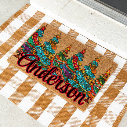 Colorful Pattern Christmas Trees Name Doormat