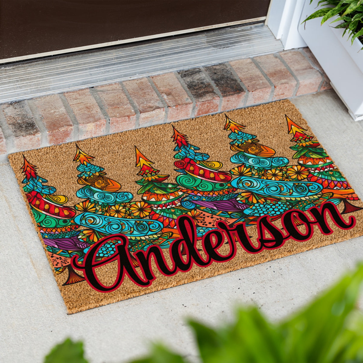 Colorful Pattern Christmas Trees Name Doormat